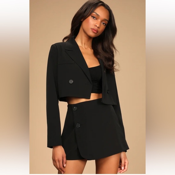 Lulus Jackets & Blazers - Suit 'Em Up Black Black High Waisted Skort and Cropped Top Blazer Set